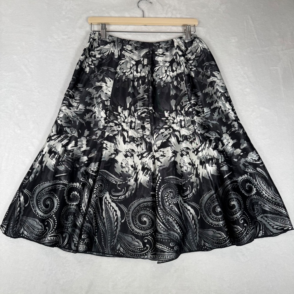 Chico's Midi Skirt Womens 1 M Black Silver Paisley Floral A-Line Dressy Elegant - Picture 3 of 7